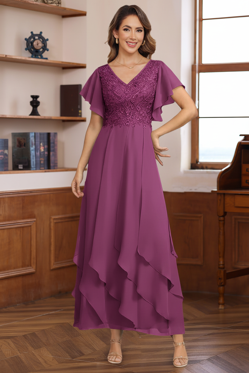 A-Line/Princess Chiffon V-Neck Mother of the Bride Dresses Lace Ankle-Length Short Sleeves Ruffles
