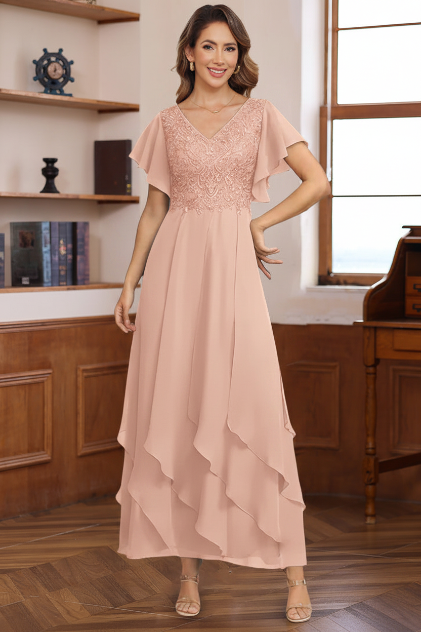 A-Line/Princess Chiffon V-Neck Mother of the Bride Dresses Lace Ankle-Length Short Sleeves Ruffles