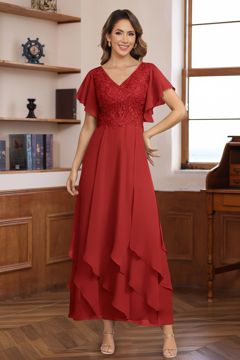 A-Line/Princess Chiffon V-Neck Mother of the Bride Dresses Lace Ankle-Length Short Sleeves Ruffles