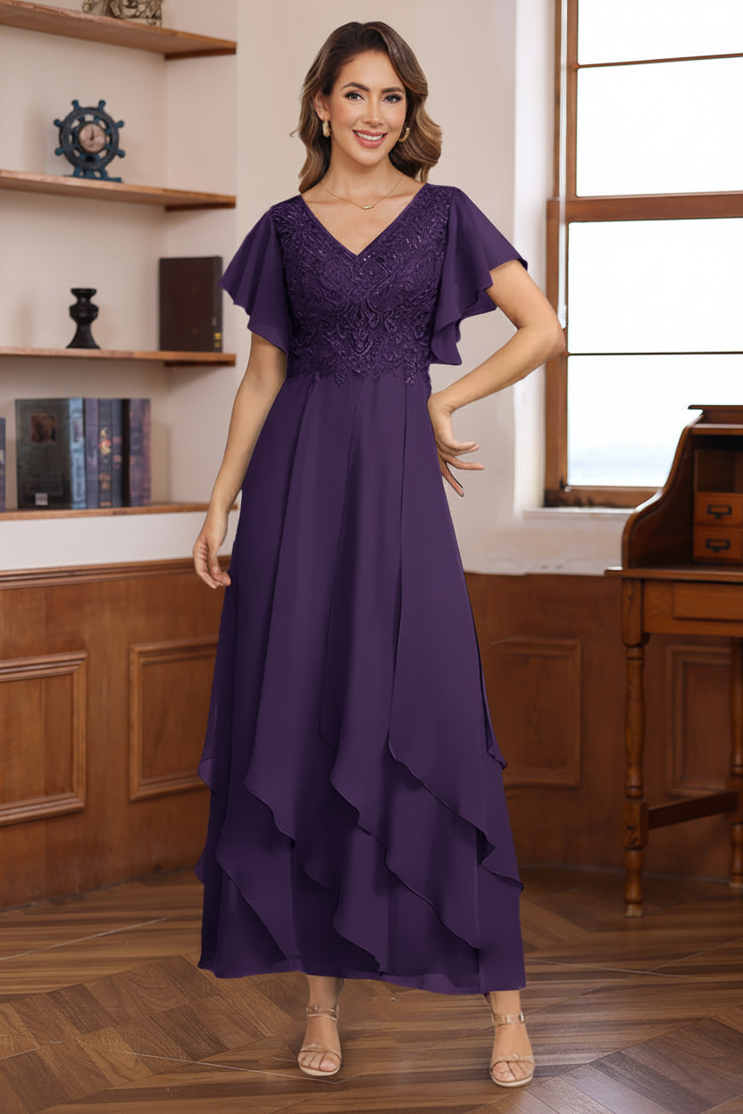 A-Line/Princess Chiffon V-Neck Mother of the Bride Dresses Lace Ankle-Length Short Sleeves Ruffles