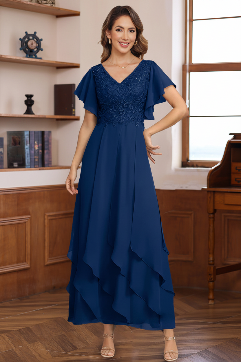 A-Line/Princess Chiffon V-Neck Mother of the Bride Dresses Lace Ankle-Length Short Sleeves Ruffles