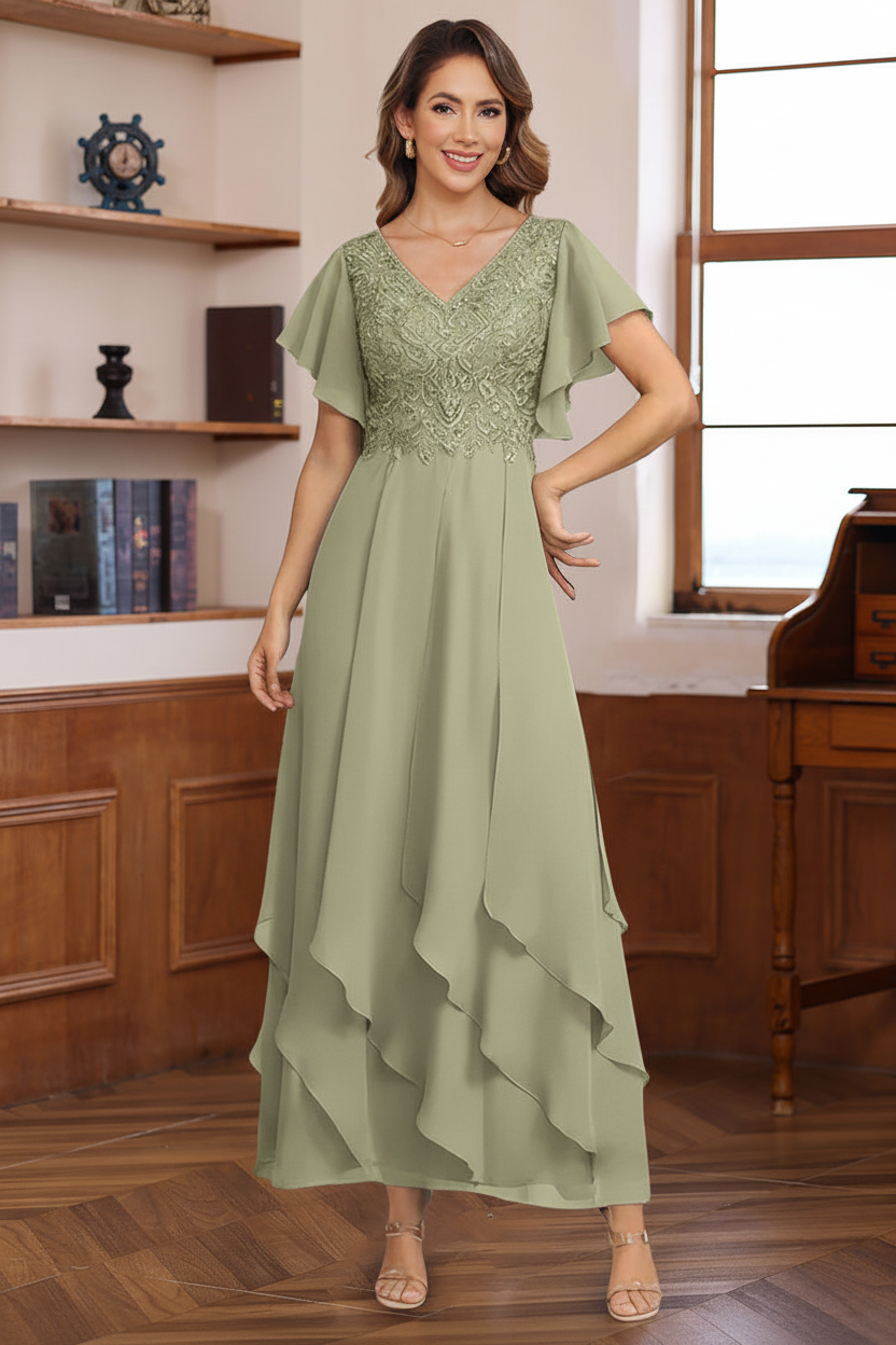 A-Line/Princess Chiffon V-Neck Mother of the Bride Dresses Lace Ankle-Length Short Sleeves Ruffles