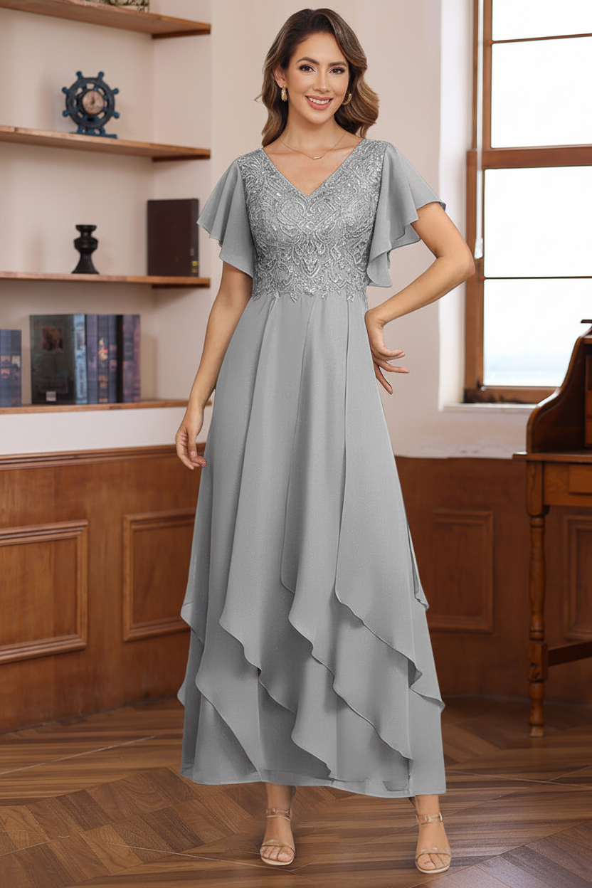 A-Line/Princess Chiffon V-Neck Mother of the Bride Dresses Lace Ankle-Length Short Sleeves Ruffles