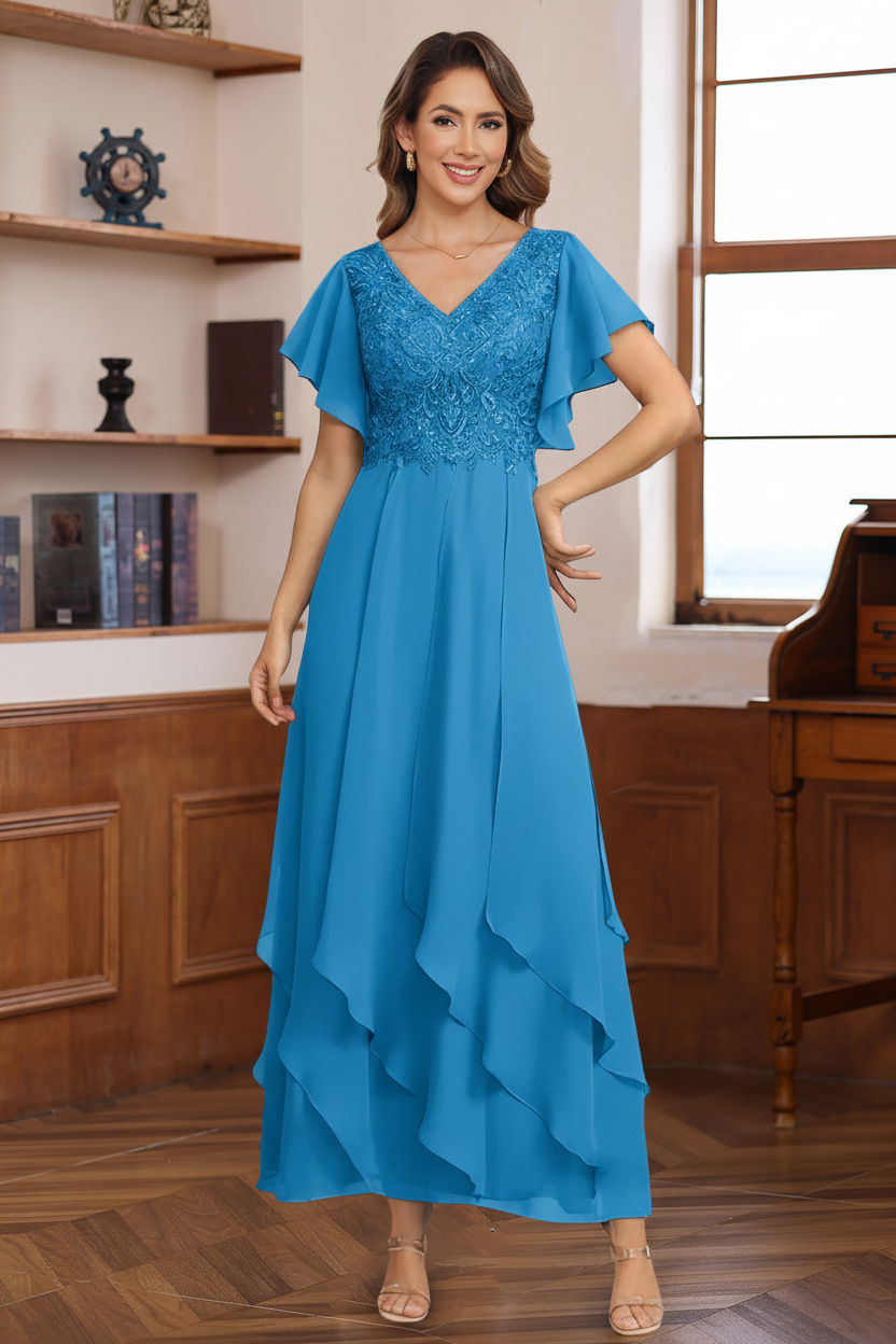 A-Line/Princess Chiffon V-Neck Mother of the Bride Dresses Lace Ankle-Length Short Sleeves Ruffles
