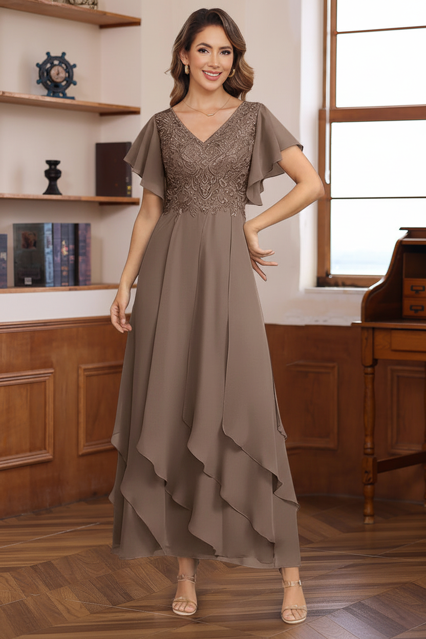 A-Line/Princess Chiffon V-Neck Mother of the Bride Dresses Lace Ankle-Length Short Sleeves Ruffles