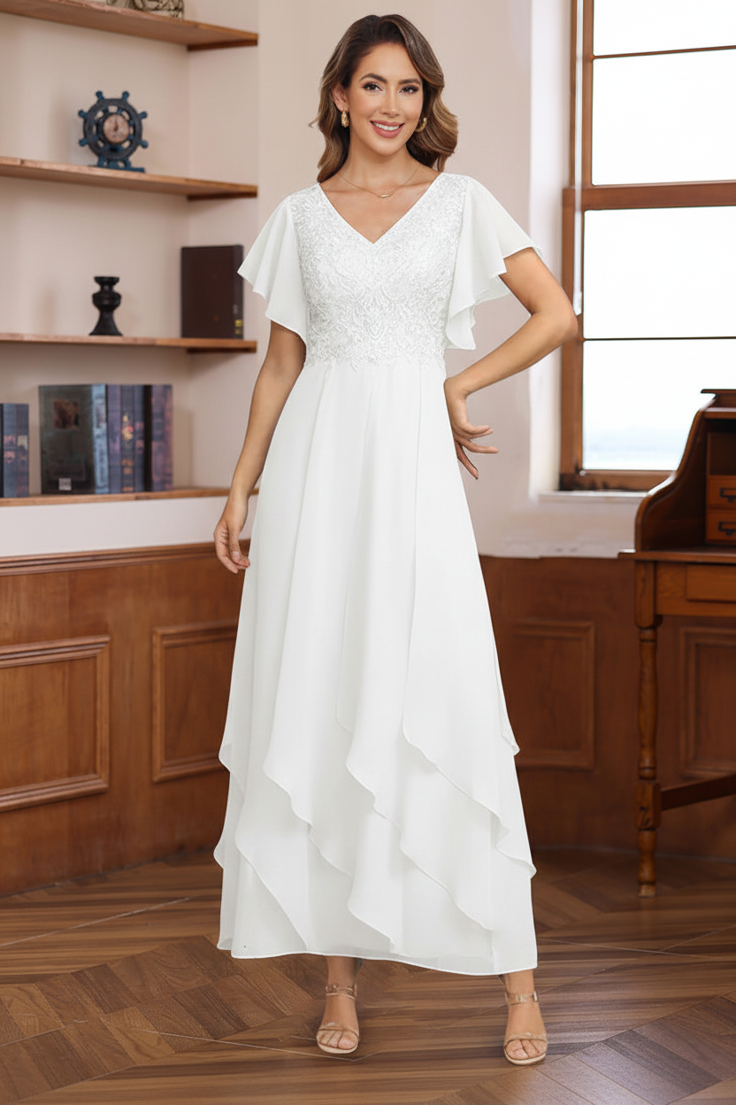 A-Line/Princess Chiffon V-Neck Mother of the Bride Dresses Lace Ankle-Length Short Sleeves Ruffles