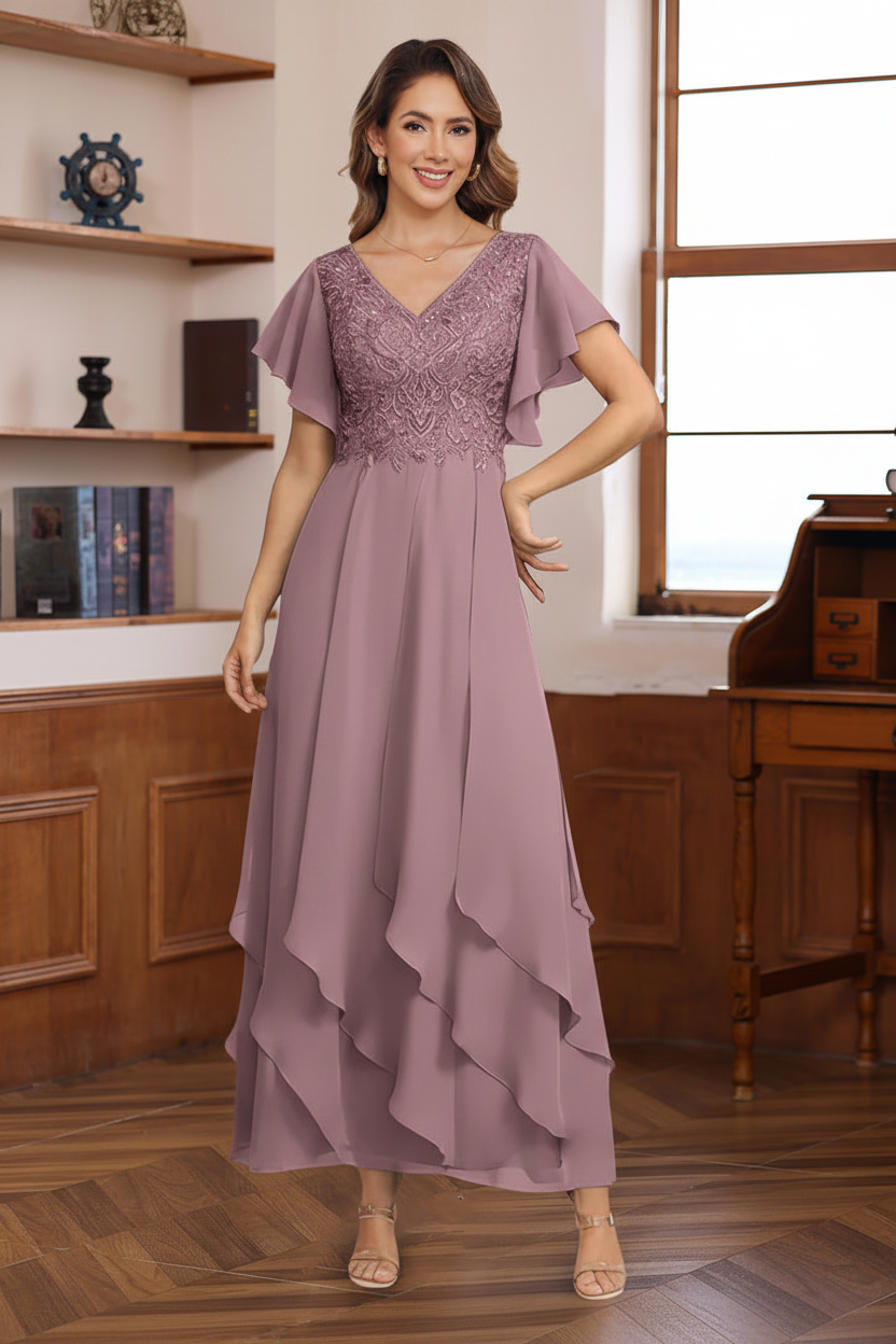 A-Line/Princess Chiffon V-Neck Mother of the Bride Dresses Lace Ankle-Length Short Sleeves Ruffles