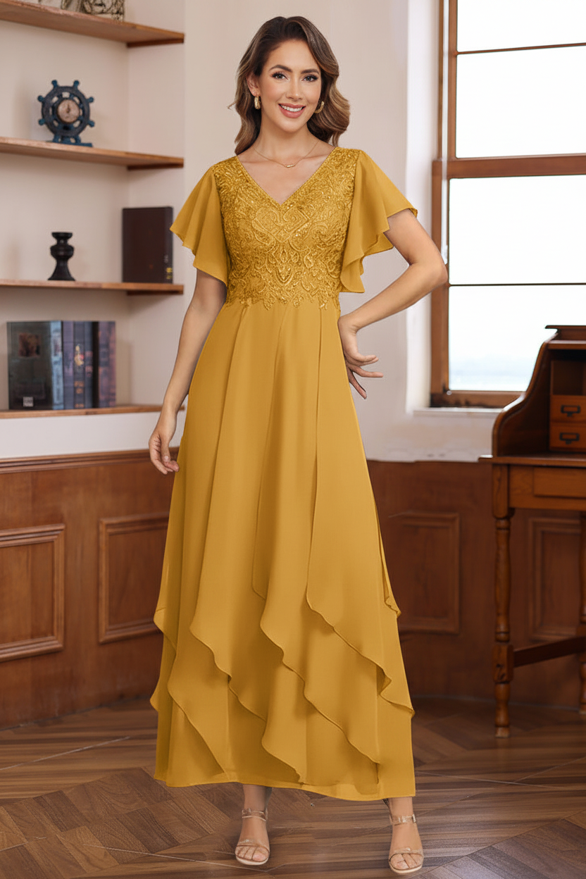 A-Line/Princess Chiffon V-Neck Mother of the Bride Dresses Lace Ankle-Length Short Sleeves Ruffles