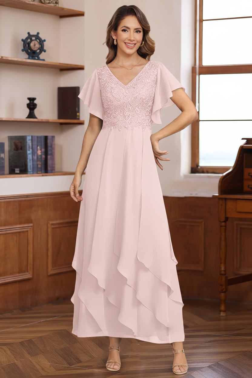 A-Line/Princess Chiffon V-Neck Mother of the Bride Dresses Lace Ankle-Length Short Sleeves Ruffles
