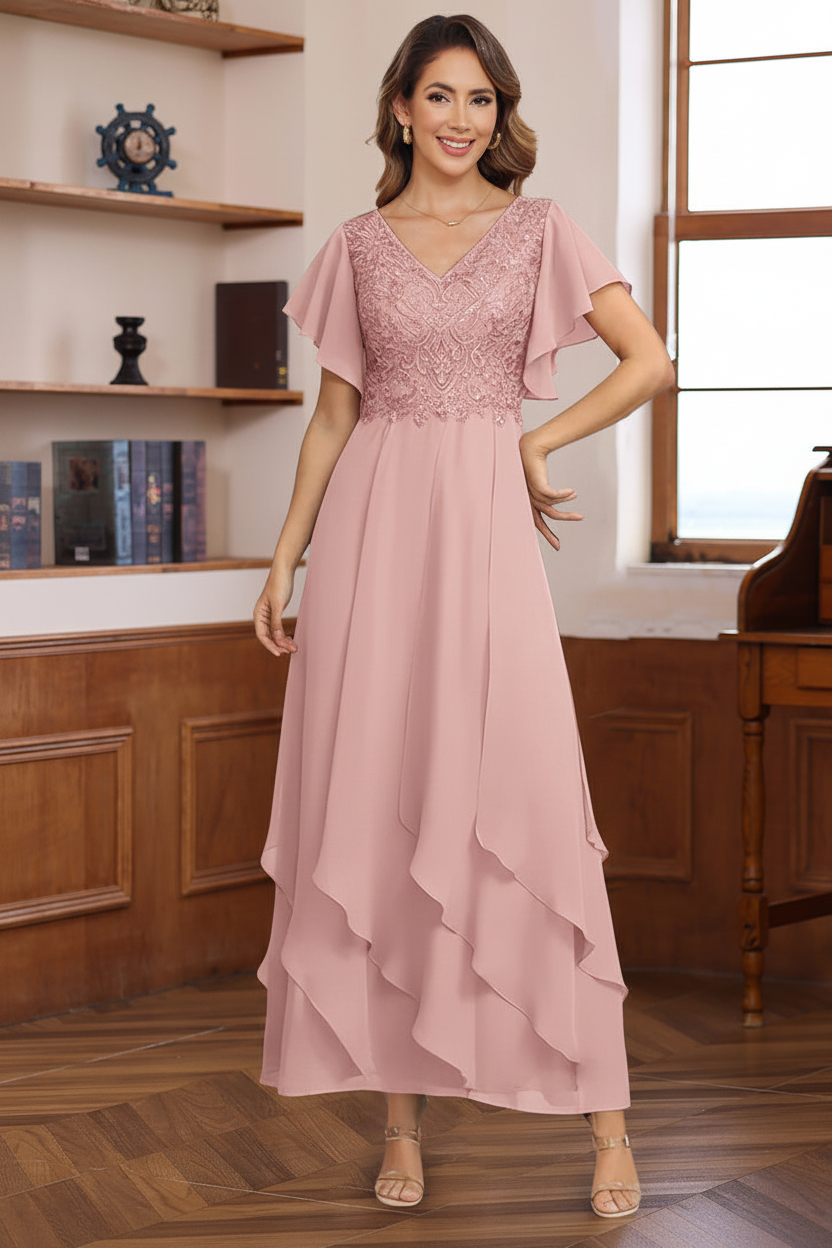 A-Line/Princess Chiffon V-Neck Mother of the Bride Dresses Lace Ankle-Length Short Sleeves Ruffles