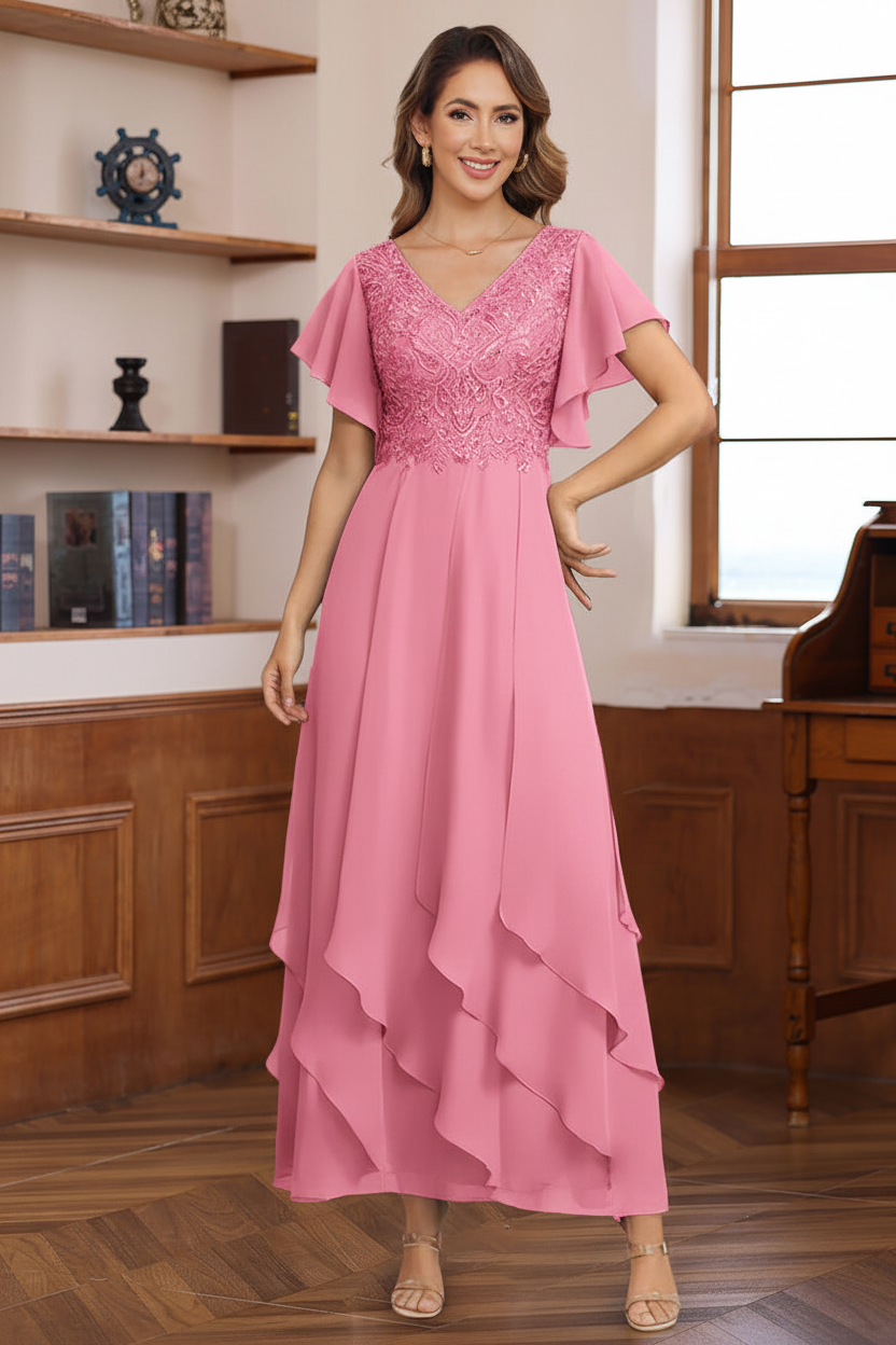 A-Line/Princess Chiffon V-Neck Mother of the Bride Dresses Lace Ankle-Length Short Sleeves Ruffles