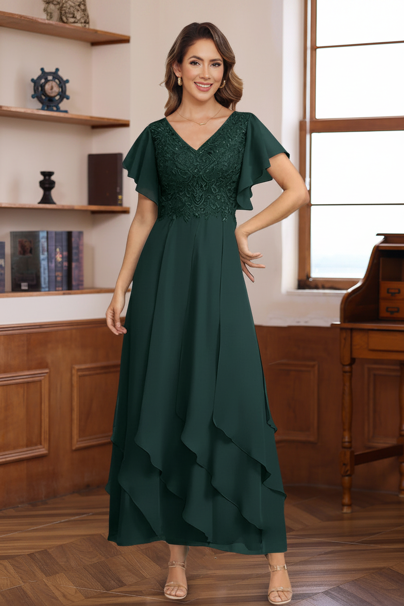 A-Line/Princess Chiffon V-Neck Mother of the Bride Dresses Lace Ankle-Length Short Sleeves Ruffles