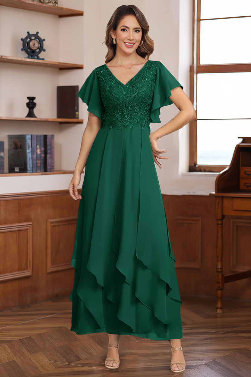 A-Line/Princess Chiffon V-Neck Mother of the Bride Dresses Lace Ankle-Length Short Sleeves Ruffles