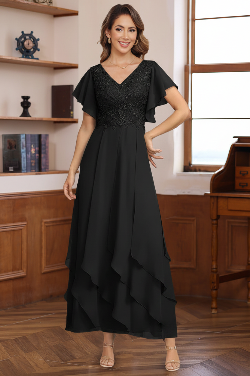 A-Line/Princess Chiffon V-Neck Mother of the Bride Dresses Lace Ankle-Length Short Sleeves Ruffles