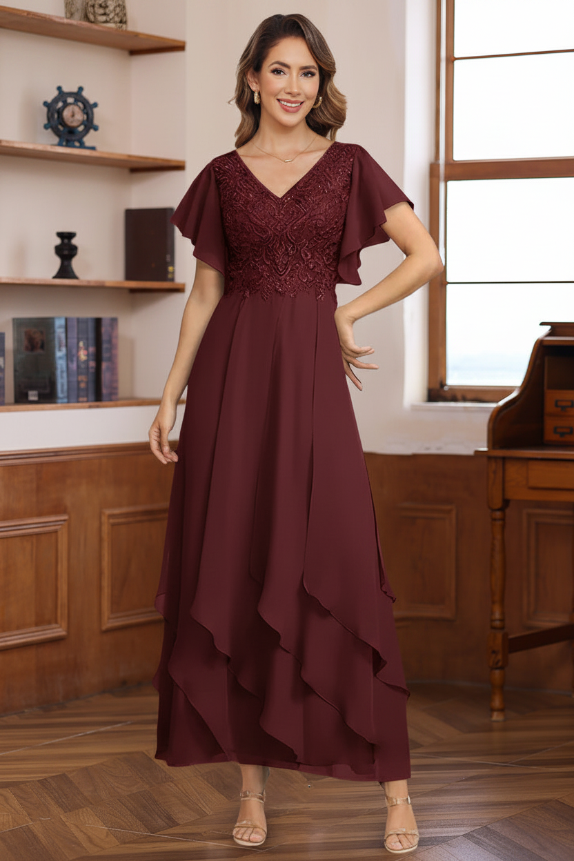 A-Line/Princess Chiffon V-Neck Mother of the Bride Dresses Lace Ankle-Length Short Sleeves Ruffles