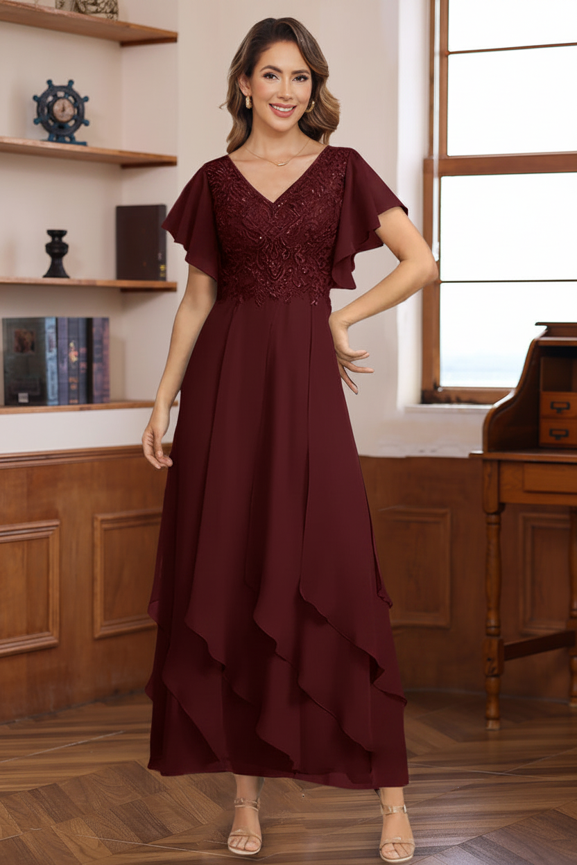 A-Line/Princess Chiffon V-Neck Mother of the Bride Dresses Lace Ankle-Length Short Sleeves Ruffles