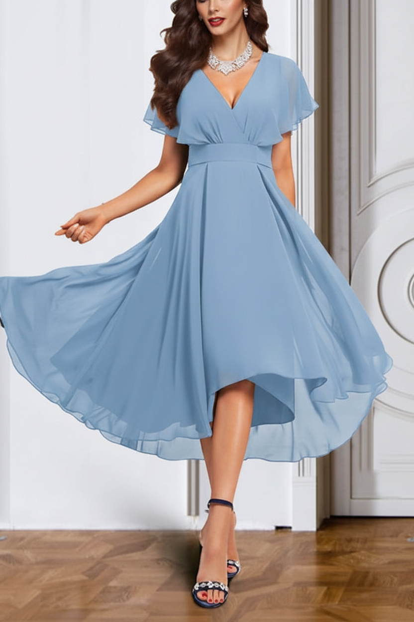 A-Line/Princess Chiffon V-Neck Short Sleeves Mother of the Bride Dresses with Belt
