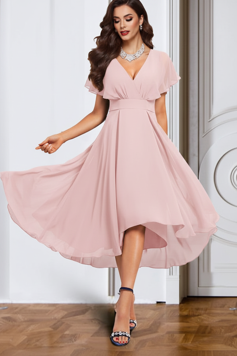 A-Line/Princess Chiffon V-Neck Short Sleeves Mother of the Bride Dresses with Belt