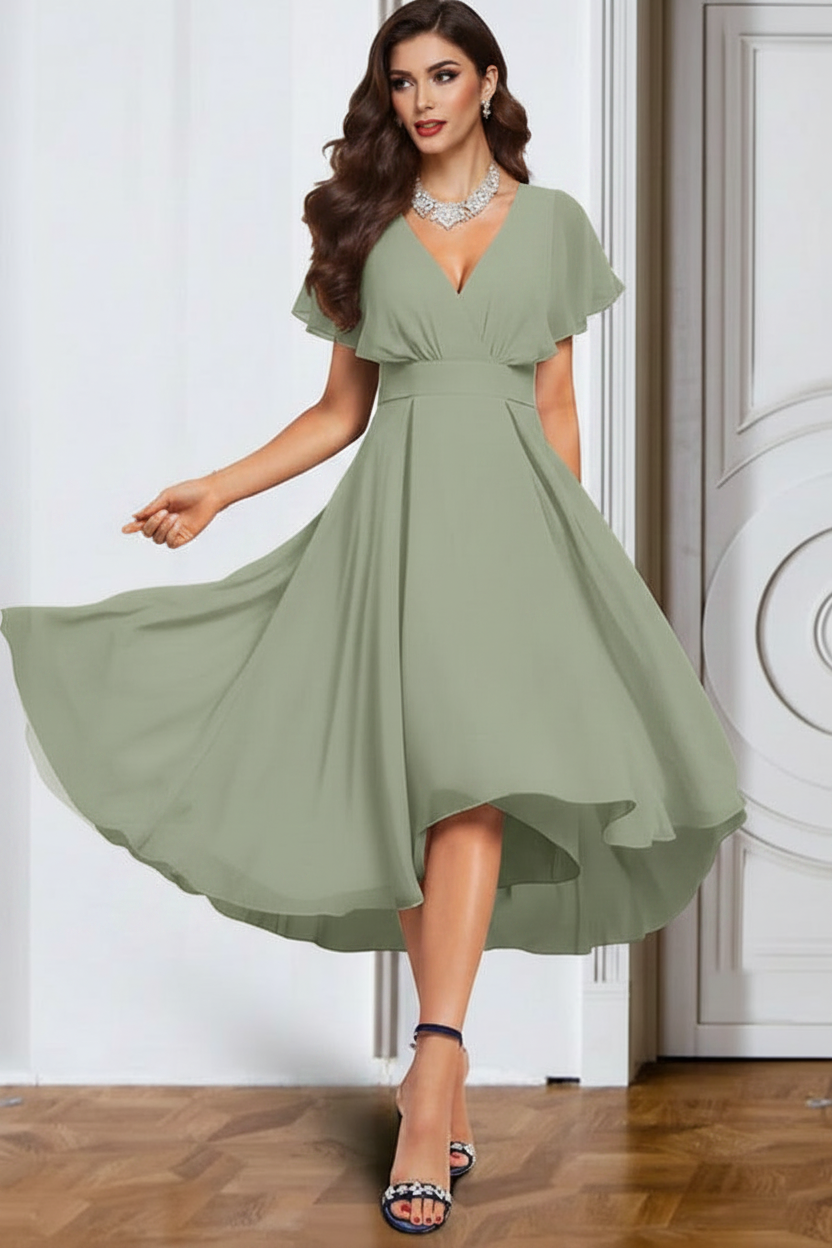 A-Line/Princess Chiffon V-Neck Short Sleeves Mother of the Bride Dresses with Belt