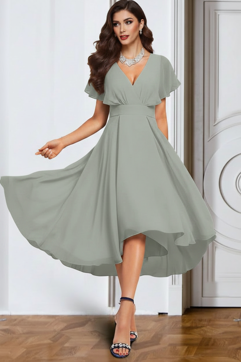 A-Line/Princess Chiffon V-Neck Short Sleeves Mother of the Bride Dresses with Belt