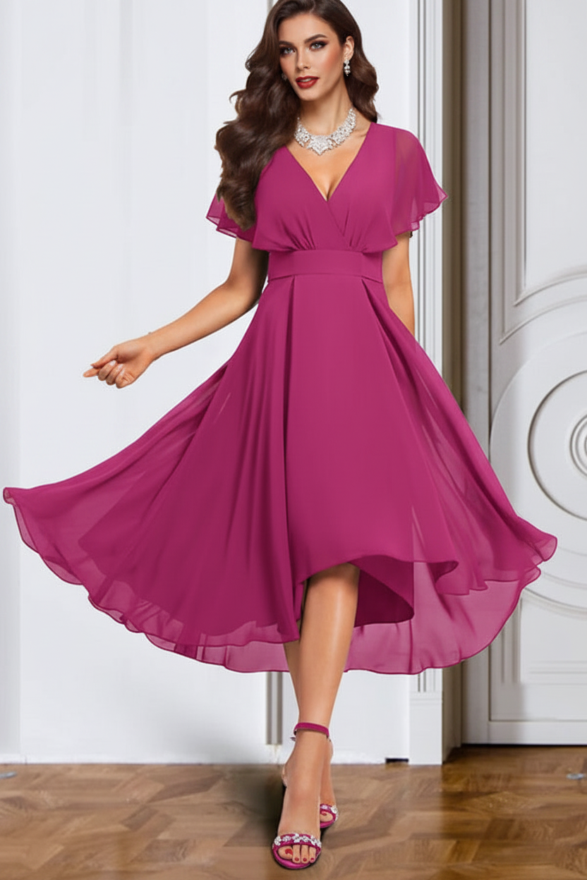 A-Line/Princess Chiffon V-Neck Short Sleeves Mother of the Bride Dresses with Belt
