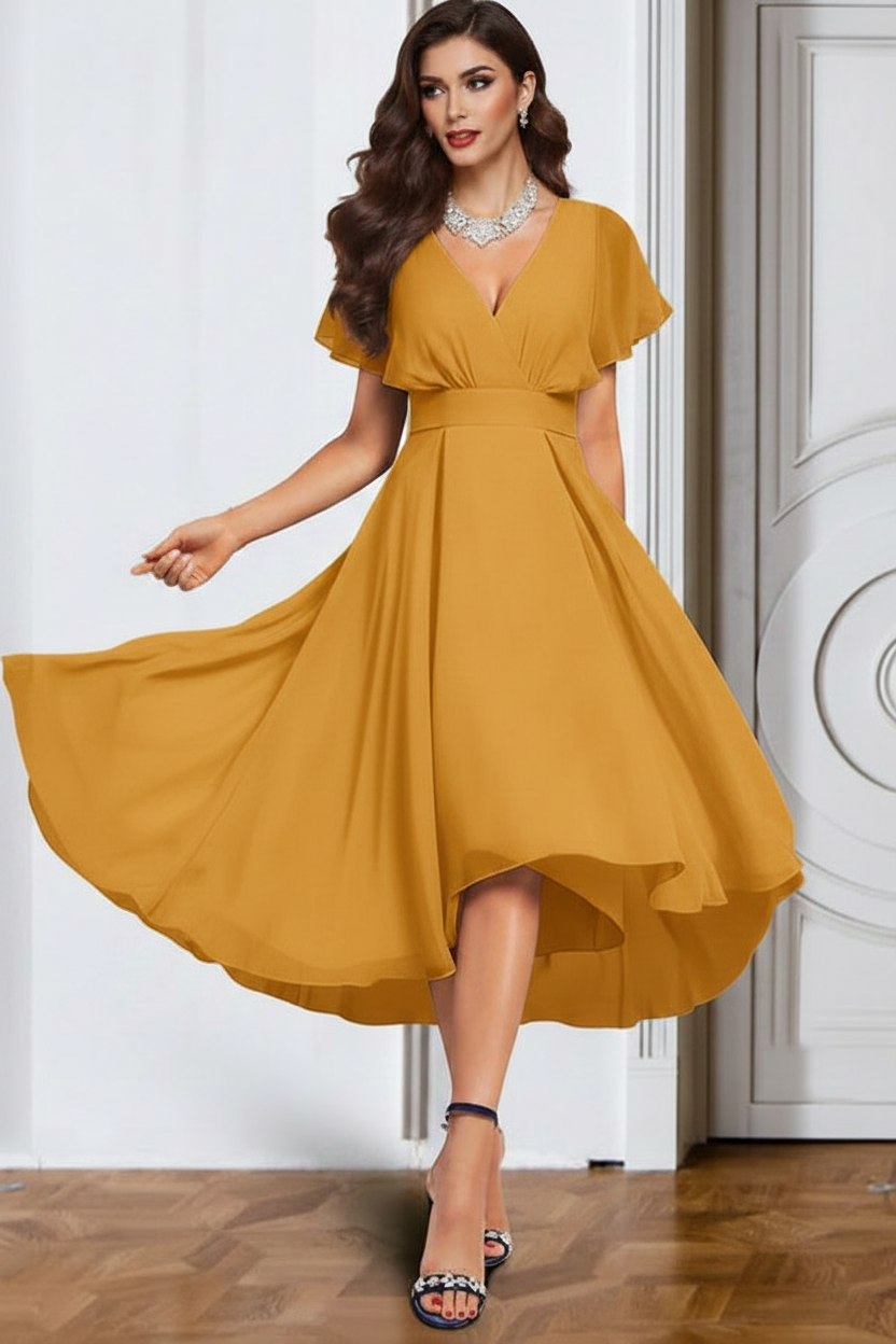 A-Line/Princess Chiffon V-Neck Short Sleeves Mother of the Bride Dresses with Belt