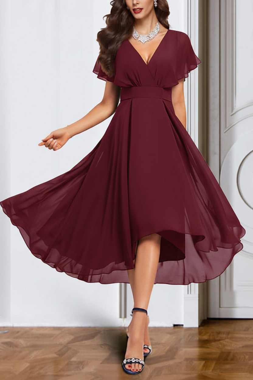 A-Line/Princess Chiffon V-Neck Short Sleeves Mother of the Bride Dresses with Belt