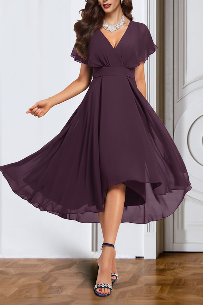 A-Line/Princess Chiffon V-Neck Short Sleeves Mother of the Bride Dresses with Belt