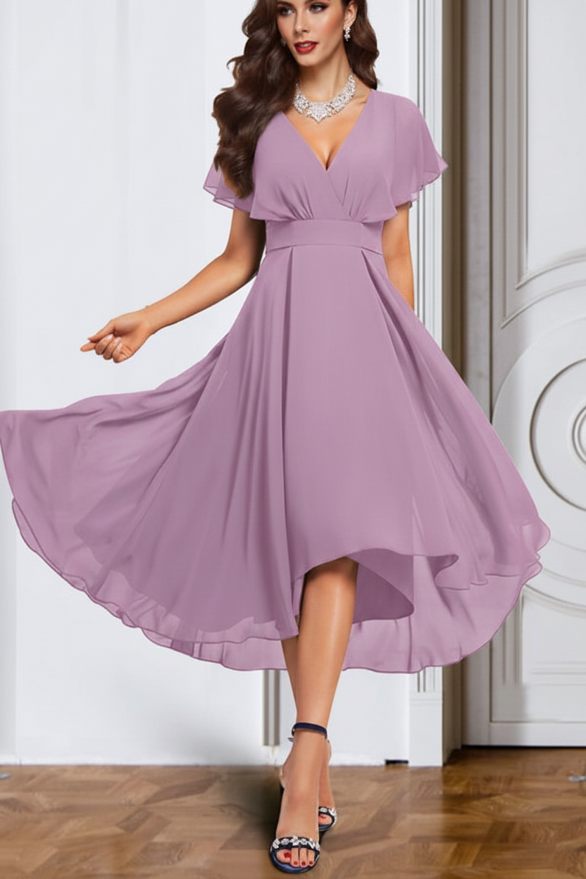 A-Line/Princess Chiffon V-Neck Short Sleeves Mother of the Bride Dresses with Belt