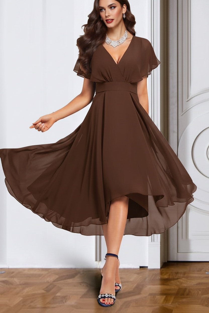 A-Line/Princess Chiffon V-Neck Short Sleeves Mother of the Bride Dresses with Belt