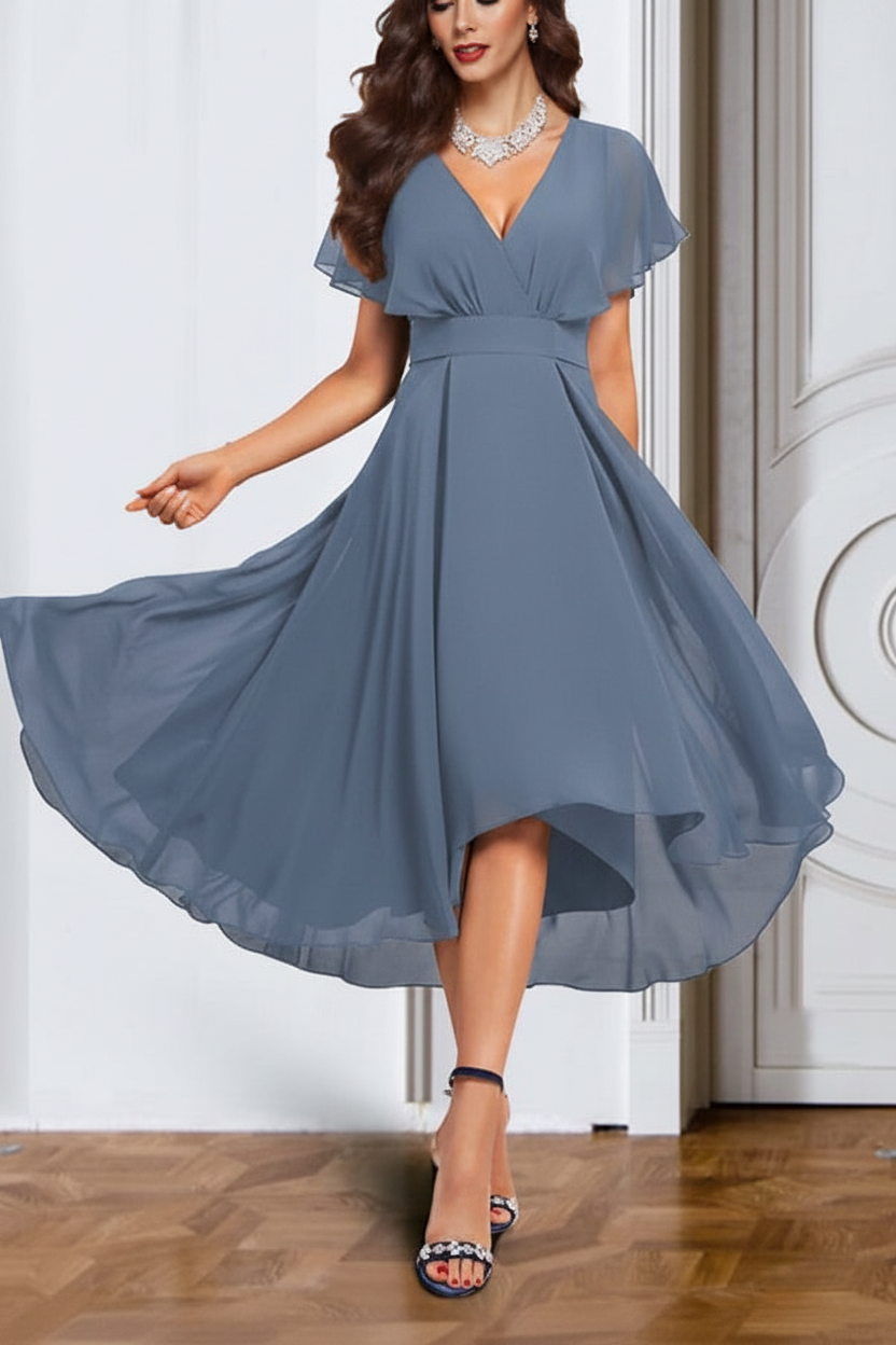 A-Line/Princess Chiffon V-Neck Short Sleeves Mother of the Bride Dresses with Belt