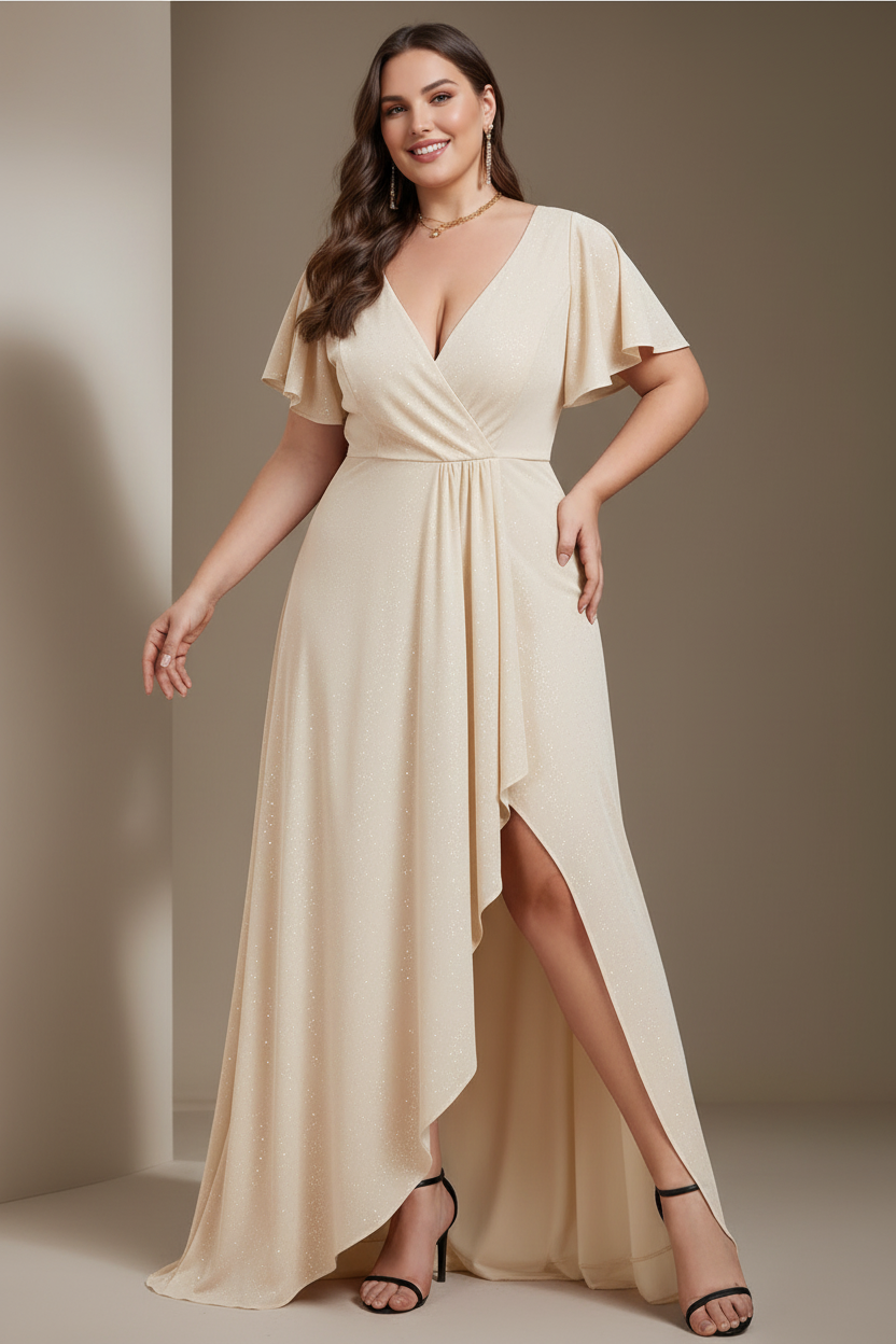 A-Line/Princess Deep V-Neck Short Sleeves Asymmetrical Plus Size Mother Of The Bride Dresses with Ruffles