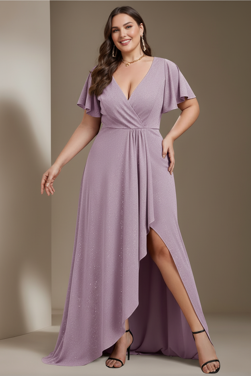 A-Line/Princess Deep V-Neck Short Sleeves Asymmetrical Plus Size Mother Of The Bride Dresses with Ruffles
