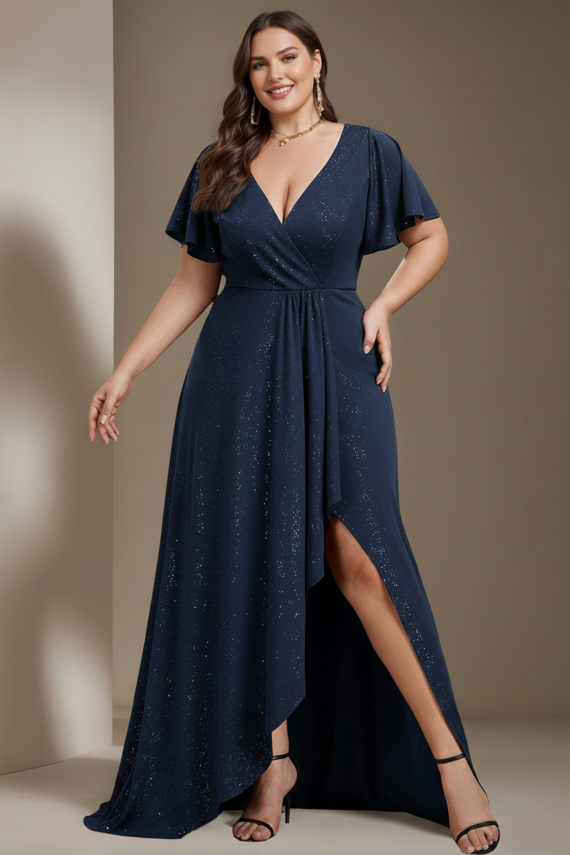 A-Line/Princess Deep V-Neck Short Sleeves Asymmetrical Plus Size Mother Of The Bride Dresses with Ruffles