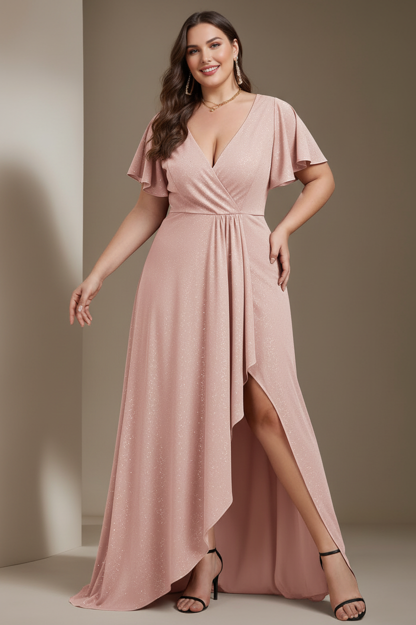 A-Line/Princess Deep V-Neck Short Sleeves Asymmetrical Plus Size Mother Of The Bride Dresses with Ruffles
