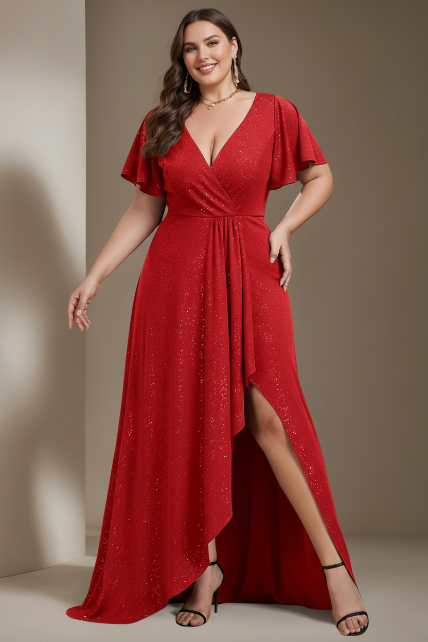 A-Line/Princess Deep V-Neck Short Sleeves Asymmetrical Plus Size Mother Of The Bride Dresses with Ruffles