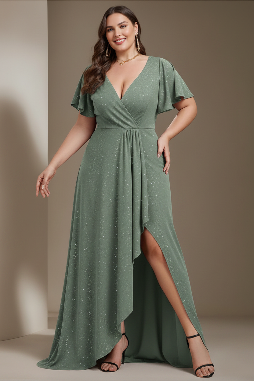 A-Line/Princess Deep V-Neck Short Sleeves Asymmetrical Plus Size Mother Of The Bride Dresses with Ruffles