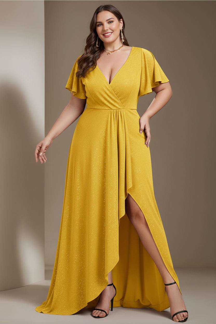A-Line/Princess Deep V-Neck Short Sleeves Asymmetrical Plus Size Mother Of The Bride Dresses with Ruffles