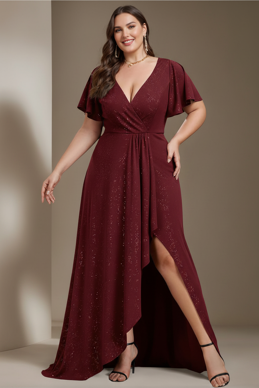 A-Line/Princess Deep V-Neck Short Sleeves Asymmetrical Plus Size Mother Of The Bride Dresses with Ruffles