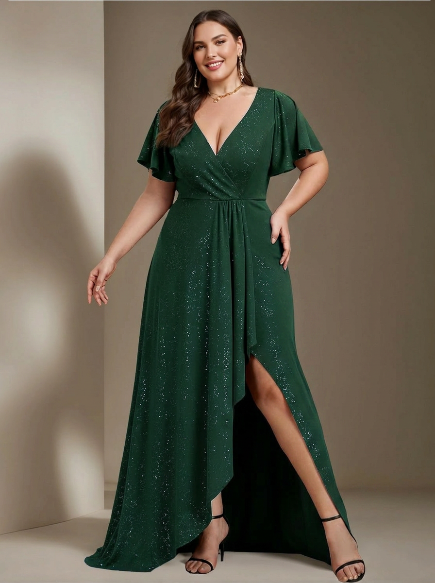 A-Line/Princess Deep V-Neck Short Sleeves Asymmetrical Plus Size Mother Of The Bride Dresses with Ruffles