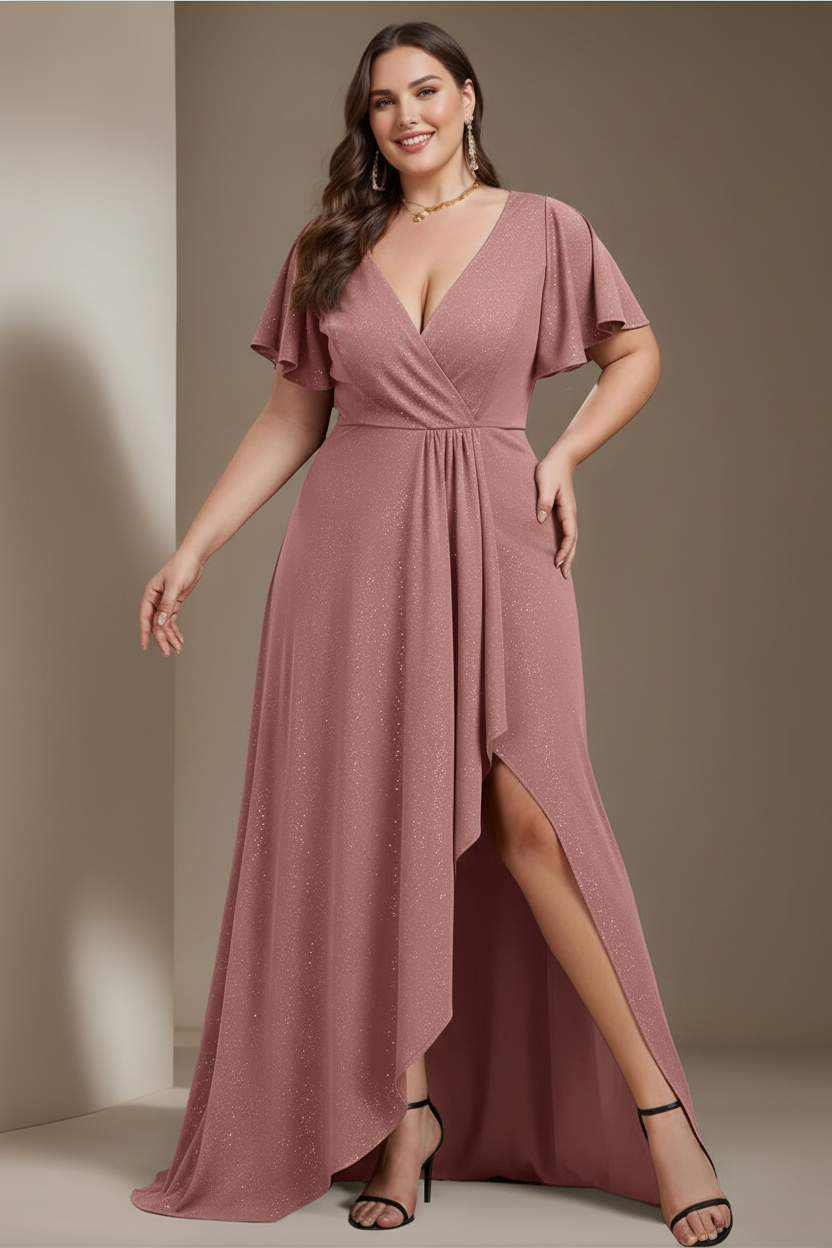 A-Line/Princess Deep V-Neck Short Sleeves Asymmetrical Plus Size Mother Of The Bride Dresses with Ruffles