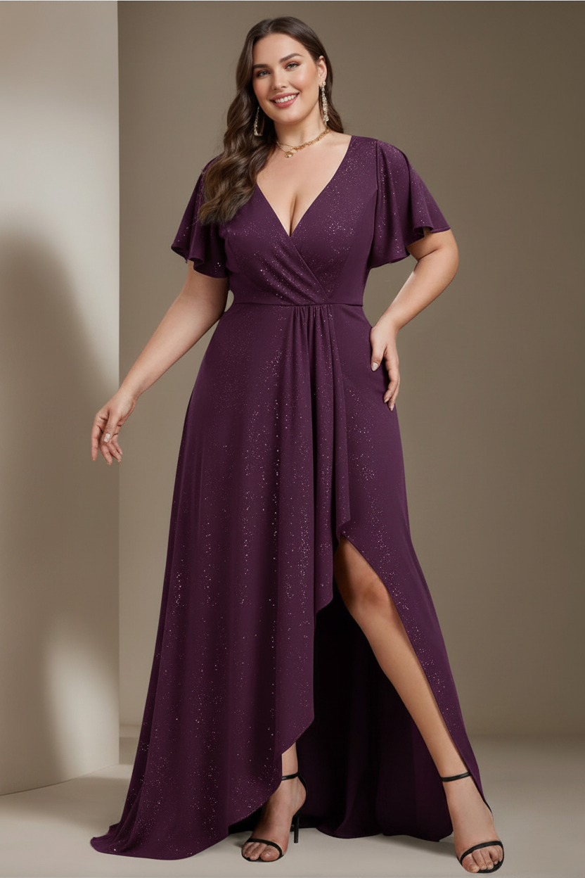 A-Line/Princess Deep V-Neck Short Sleeves Asymmetrical Plus Size Mother Of The Bride Dresses with Ruffles