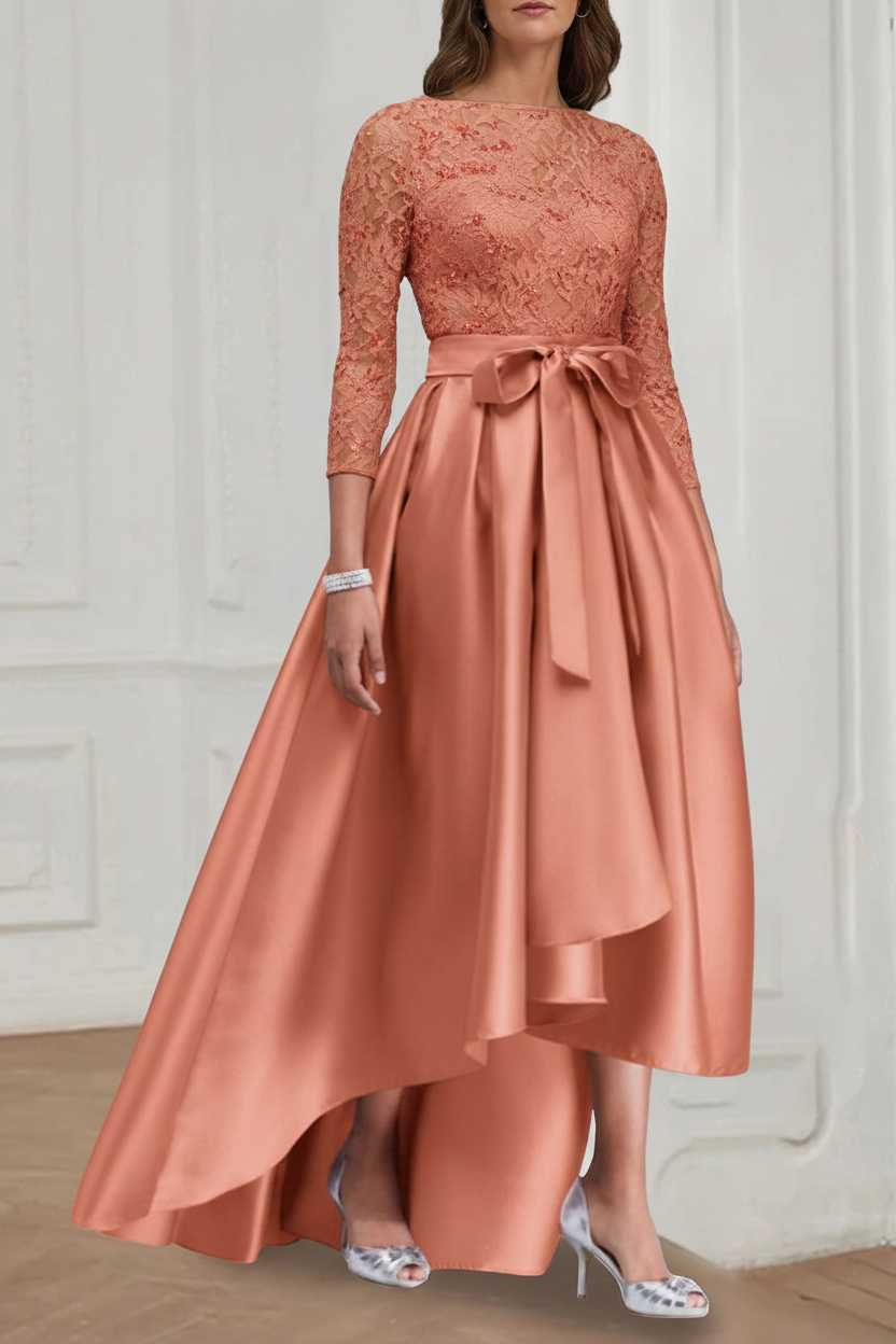 A Line/Princess Jewel Neck 3/4 Length Sleeves Asymmetrical Plus Size Mother of the Bride Dresses with Bowknot