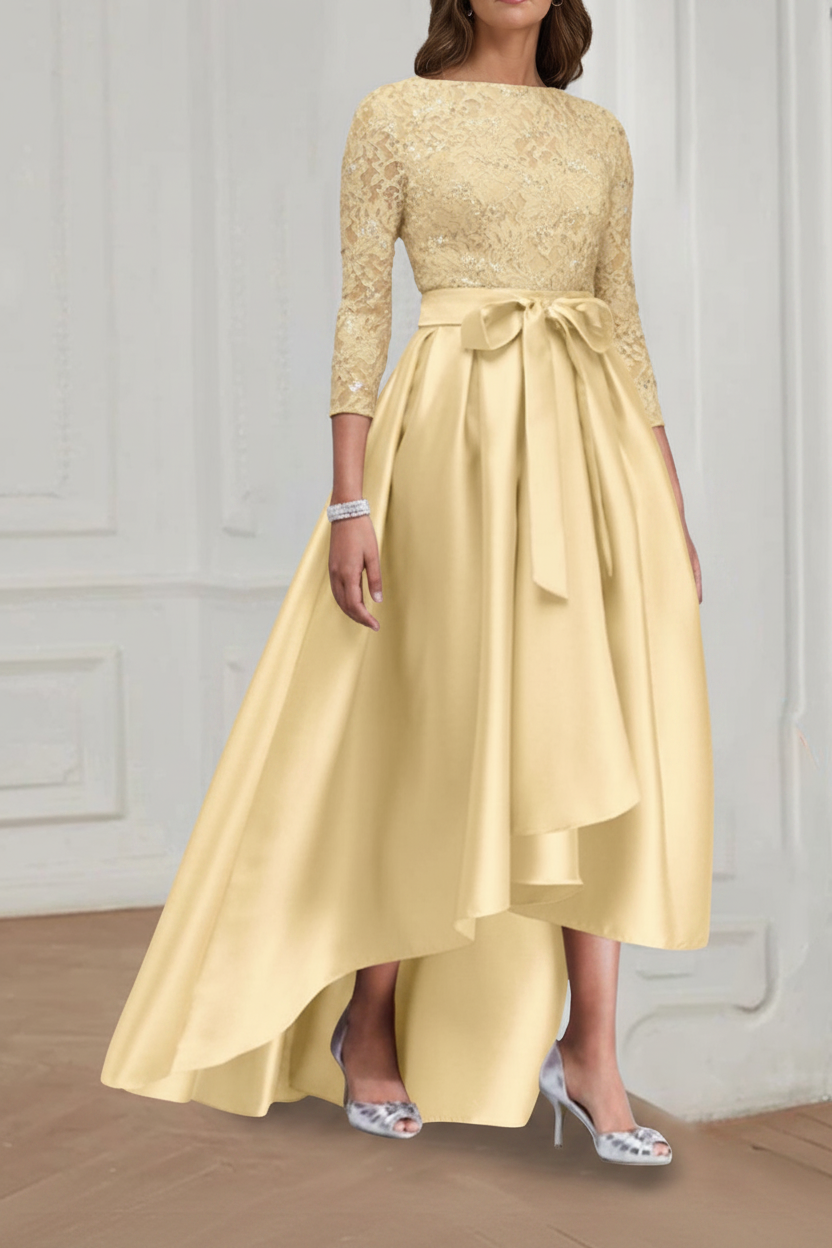 A Line/Princess Jewel Neck 3/4 Length Sleeves Asymmetrical Plus Size Mother of the Bride Dresses with Bowknot