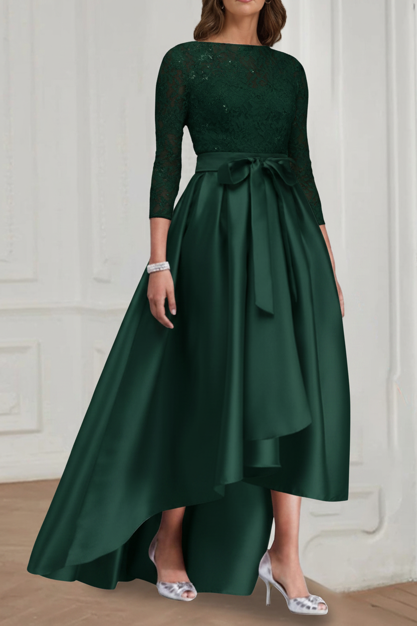 A Line/Princess Jewel Neck 3/4 Length Sleeves Asymmetrical Plus Size Mother of the Bride Dresses with Bowknot