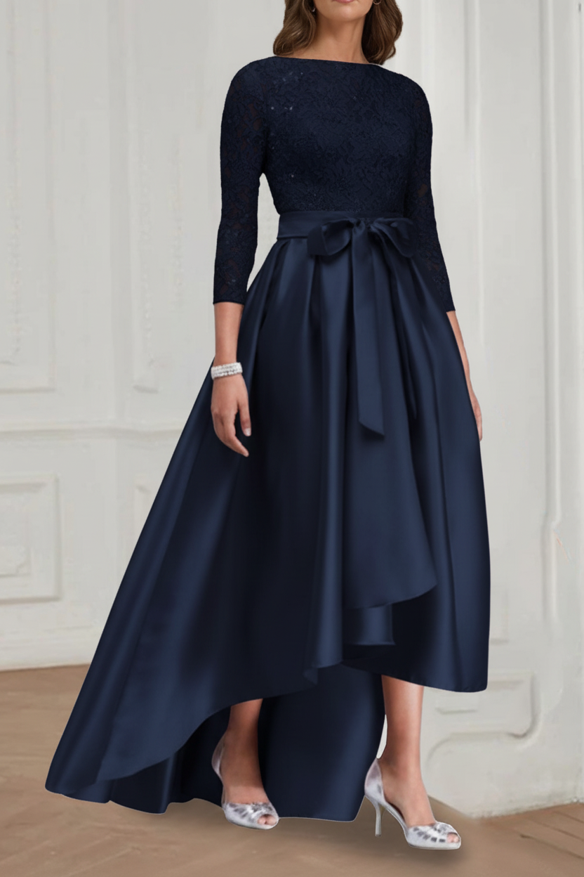 A Line/Princess Jewel Neck 3/4 Length Sleeves Asymmetrical Plus Size Mother of the Bride Dresses with Bowknot