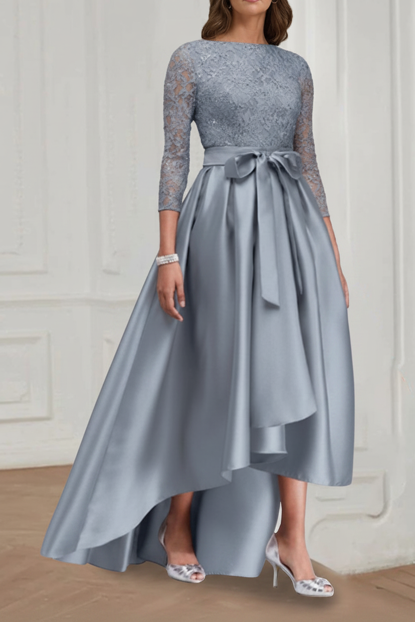 A Line/Princess Jewel Neck 3/4 Length Sleeves Asymmetrical Plus Size Mother of the Bride Dresses with Bowknot