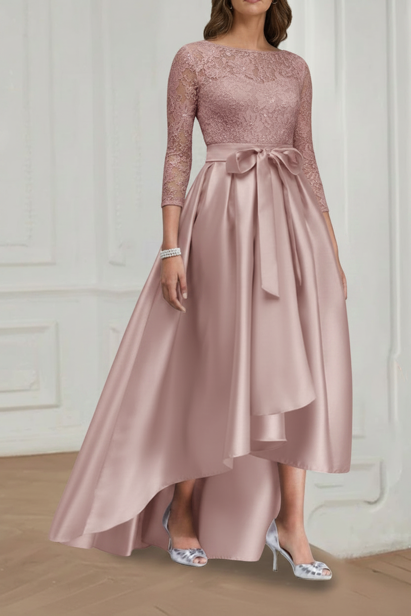 A Line/Princess Jewel Neck 3/4 Length Sleeves Asymmetrical Plus Size Mother of the Bride Dresses with Bowknot