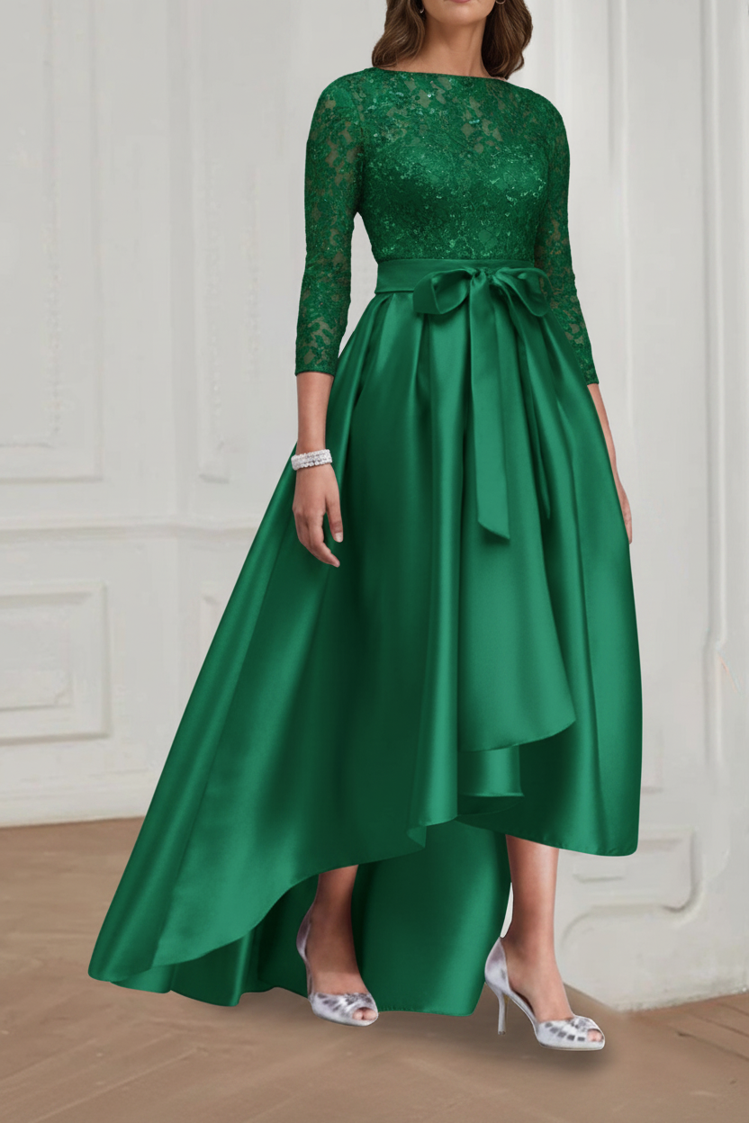 A Line/Princess Jewel Neck 3/4 Length Sleeves Asymmetrical Plus Size Mother of the Bride Dresses with Bowknot