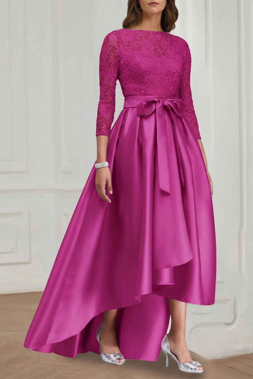 A Line/Princess Jewel Neck 3/4 Length Sleeves Asymmetrical Plus Size Mother of the Bride Dresses with Bowknot